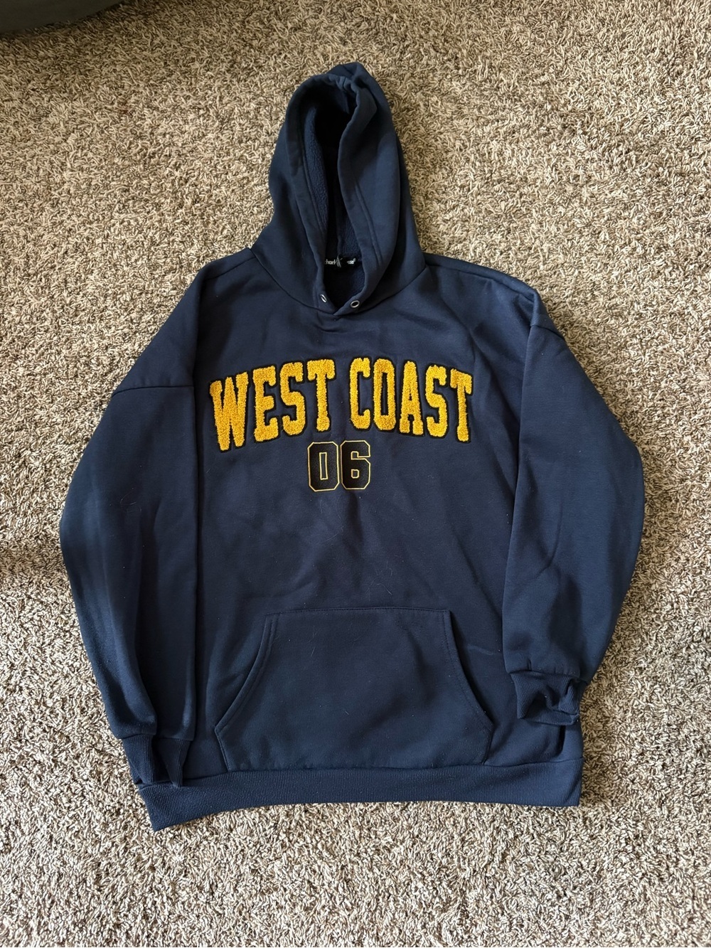 Charlotte Russe Navy Pullover Hoodie with Yellow Embroidered/Fuzzy Lettering
